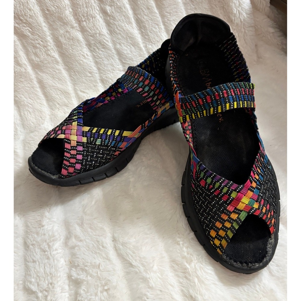 Bernie Mev Multi Color Woven Elastic Cross Strap Sandals Rainbow Black Sole
